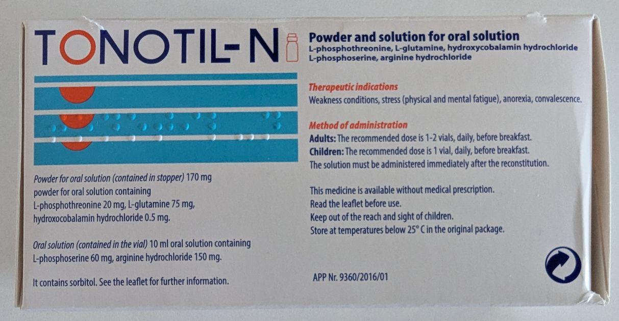 TONOTIL N 20mg/75mg/0.5mg/60mg/150mg pulbere+soluție pentru soluție orală VIANEX, fosfotreonină+glutamină+hidroxocobalamină+fosfoserină+arginină